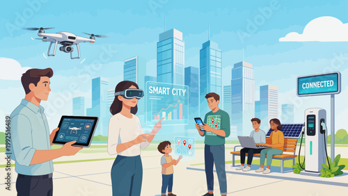 People using tech in smart city