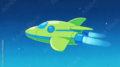 Green cartoon rocket flying in space
