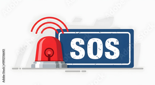 SOS emergency sign with red alarm light and signal waves. Generated AI illustration