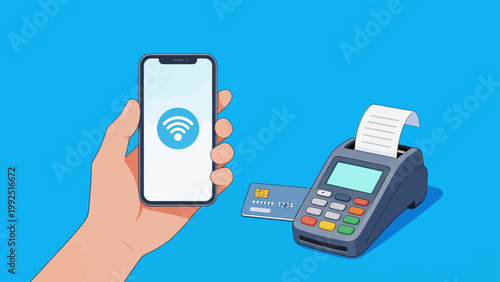 Hand holding phone near payment terminal