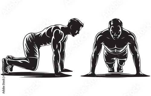 Step by Step Push Up Workout Positions Black Silhouette Set.