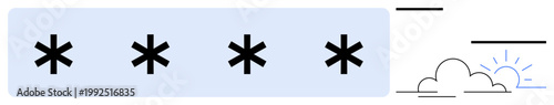 Internet security, data protection, cloud technology, online passwords, cybersecurity, secure login. Row of asterisks next to cloud symbol with sun. Internet security and data protection concept