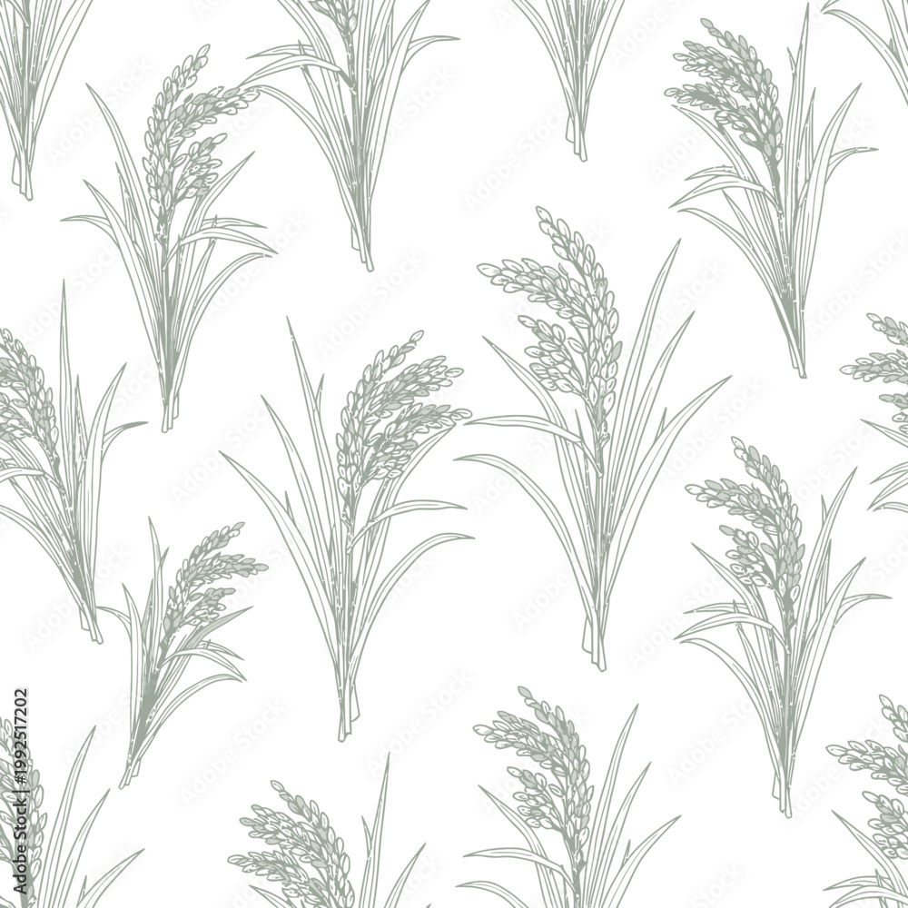 Obraz premium Seamless Pattern of Hand Drawn Rice Stalks and Grain Plants.