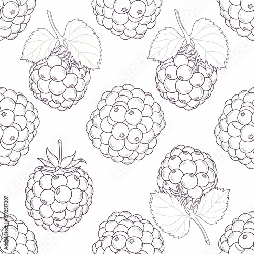 Seamless Pattern of Hand Drawn Sketch Raspberries with Leaves.
