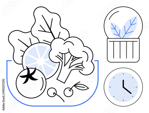 Healthy eating, sustainability, time management, nutrition, agriculture, eco-friendly living. Fresh vegetables, greenhouse leaf and clock illustration. Healthy eating and sustainability concept