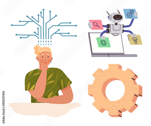 Technology development, AI integration, problem-solving, innovation, decision-making, human-machine interaction. Thoughtful person, robot working on tasks and gear icon. AI integration