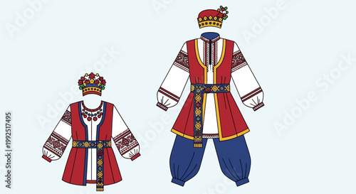 Traditional costumes on display with colorful accessories and clothing items