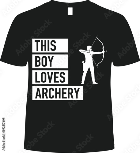 This boy loves archery typography design with archer silhouette and bow vector illustration for kids t-shirt print and sports hobby gift