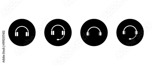 Headphone headset icon in black circle. Customer support symbol. Service assistance and call center sign
