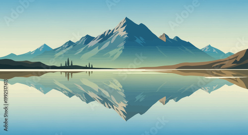 Serene mountain range reflected in calm lake water at sunrise
