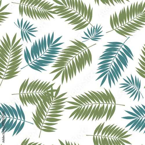 Seamless pattern with blue and green tropical palm leaves.