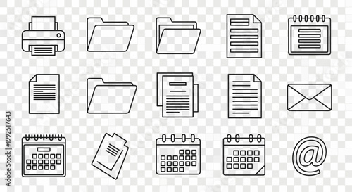Various office document icons on a transparent background with email and calendar symbols