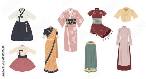 Various traditional dresses and robes on display for cultural event