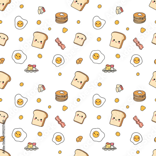 Seamless pattern with cute cartoon breakfast food items.