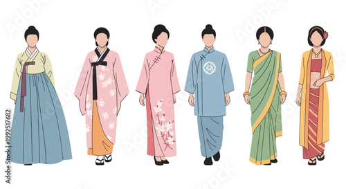 People wearing traditional cultural attire from various countries stand together