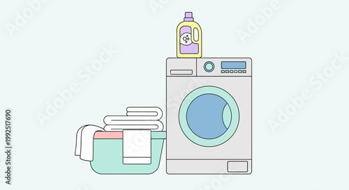 Laundry day with washing machine and detergent beside folded clothes