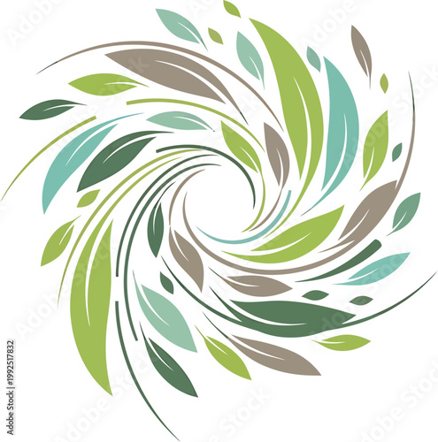 Dynamic Abstract Organic Swirl of Fresh Green, Teal, and Earthy Brown Leaves Forming a Vibrant Natural Vortex Illustration