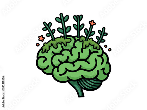 A cartoon illustration of a green brain with plants and flowers growing out of it, symbolizing growth and mental well-being.