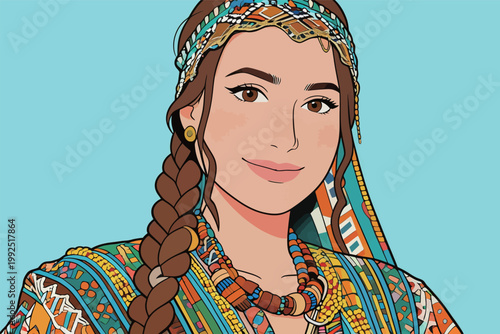 Portrait of a woman in colorful clothing with braided hair and traditional accessories set against a light blue background