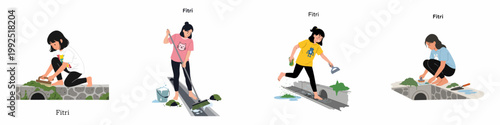 Illustration set of a young girl named Fitri cleaning gutters and stone walls with various tools like brushes, brooms, and sponges.