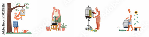 Set of illustrations showing an elderly man caring for his pet bird, including cleaning the cage, feeding, and hanging it outdoors.