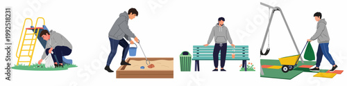Illustration set of a young man volunteering to clean a public park and playground area from litter and debris.