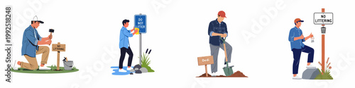 Set of illustrations featuring men installing "No Littering" signs and performing park maintenance, promoting environmental care and cleanliness.