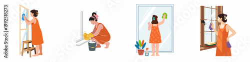 Illustrations of a woman and child performing household chores, including cleaning windows and mirrors with various tools and supplies.
