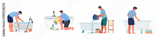 Collection of illustrations showing a man cleaning a bathtub, including scrubbing with a sponge, rinsing with a bucket, and wiping with a cloth.