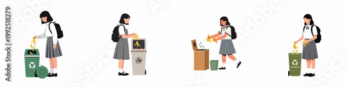Set of illustrations depicting schoolgirls in uniforms throwing banana peels into organic waste bins for recycling, sustainability, and environmental education.
