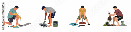 Four illustrations of men cleaning and maintaining drainage systems, unclogging pipes, removing debris, and opening sewer covers on a white background.