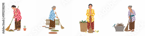 Set of Flat Vector Illustrations of Elderly Indonesian Women in Traditional Kebaya and Batik Clothing Sweeping with Traditional Broom on White Background