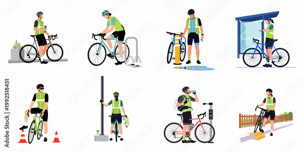 Fototapeta premium A collection of flat vector illustrations featuring diverse cyclists in high-visibility gear engaged in various urban commuting and cycling activities.
