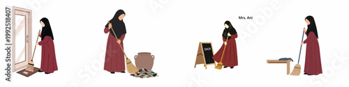 Vector illustration set of a Muslim woman wearing a hijab sweeping leaves, shop fronts, and doorways, depicting daily chores and cleanliness.