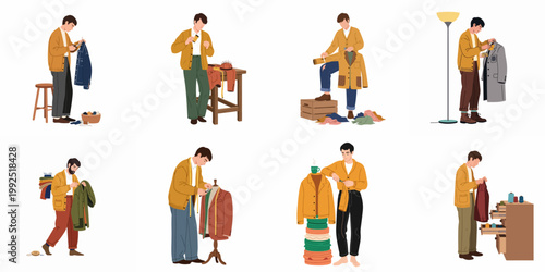 Set of illustrations depicting a male tailor or fashion designer working on various garments, repairing, measuring, and cutting clothes.