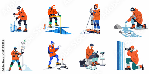 Set of arctic scientists and polar explorers performing various research activities like ice drilling, water sampling, and weather monitoring in extreme cold environments.
