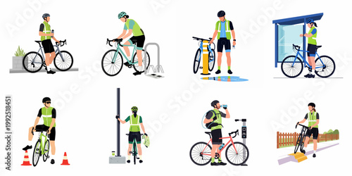 A collection of flat vector illustrations featuring diverse cyclists in high-visibility gear engaged in various urban commuting and cycling activities.