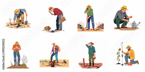 Set of illustrations depicting farmers struggling with drought, water scarcity, and cracked soil conditions in agricultural fields.