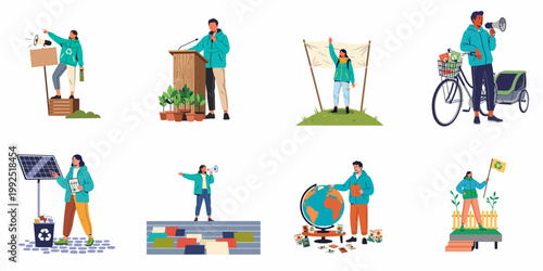 Environmental activists promoting sustainability, recycling, and climate awareness through various actions like protesting, speaking, and educational initiatives.
