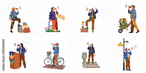 Diverse set of activists and protesters speaking through megaphones, advocating for social change in flat illustration style.