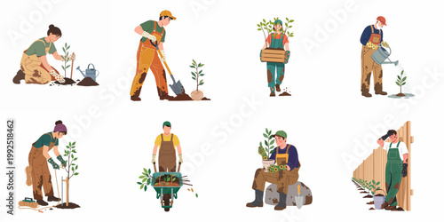 Illustration set of diverse people gardening, planting trees, watering plants, and doing landscaping work, isolated on a white background.