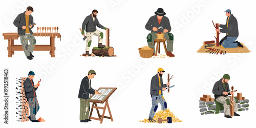 Set of illustrations featuring male woodworkers and woodcarvers engaged in various traditional woodworking and spoon carving activities isolated on white background.