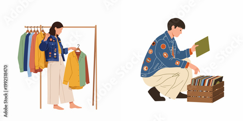 Flat vector illustration of a young woman browsing vintage clothes on a rack and a young man searching through vinyl records at a market.