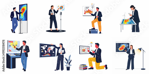 Collection of Flat Vector Illustrations Showing Meteorologists Analyzing Global Warming Data and Forecasting Weather Events on Digital Screens and Maps