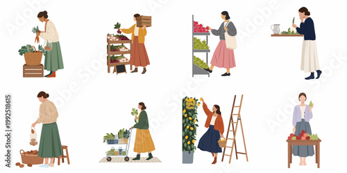 Collection of flat vector illustrations featuring women shopping for fresh produce at markets, harvesting fruit, and embracing a sustainable, healthy lifestyle.
