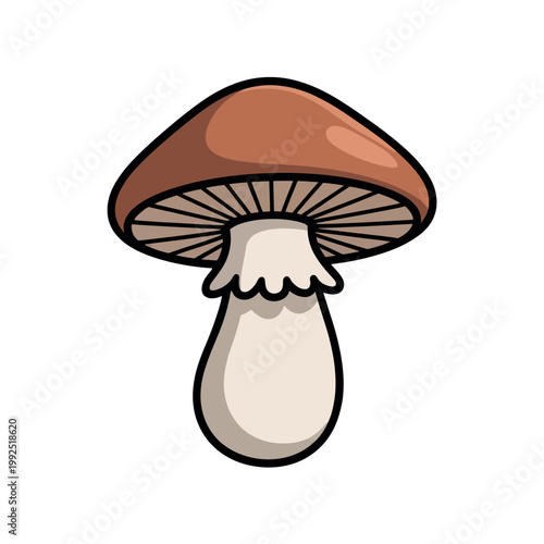 A cartoon illustration of a mushroom with a brown cap and white stem on a plain background