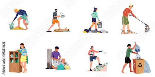 Set of diverse people volunteering for beach cleanup and waste management to protect the environment and ocean from plastic pollution.