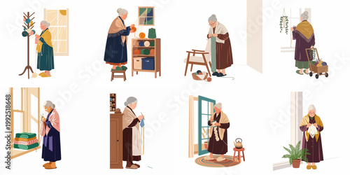 A collection of illustrations featuring an elderly woman engaged in various knitting and crafting activities at home, showcasing a cozy and creative lifestyle.