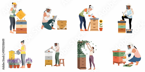Set of women beekeepers managing beehives, collecting honey, and caring for bees in a variety of apiary scenes.