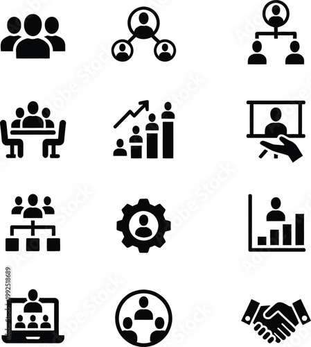 The image displays a set of black icons representing business and teamwork concepts arranged in a grid. These include symbols for collaboration, leadership, meetings, analytics, growth charts, global 